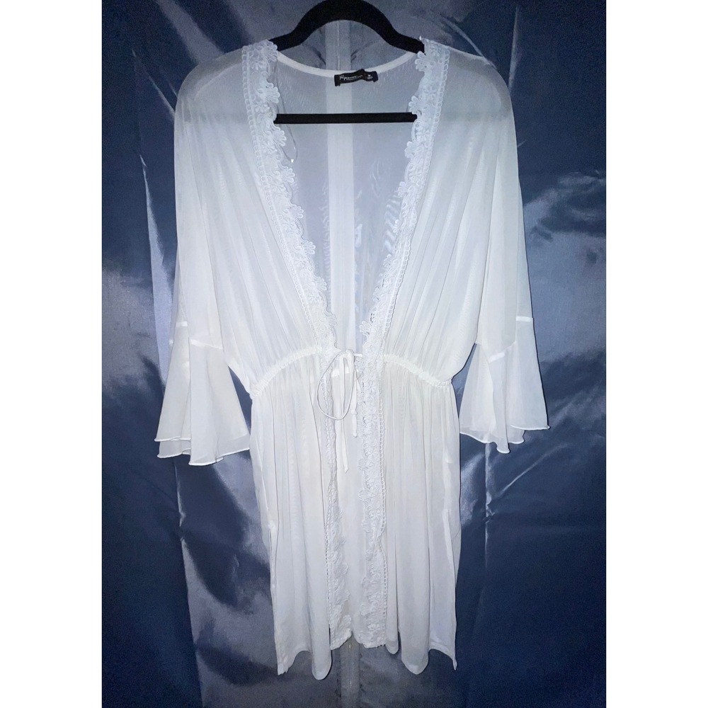 Paparoc Sheer Kimono Robe Size M White Lace Trim Bell Sleeve Cover Up Bohemian